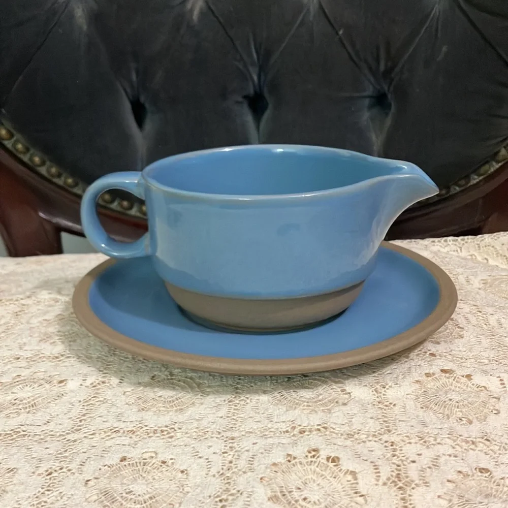Vintage Midwinter Bluestone Gravy Boat & Under Plate Stoneware Japan